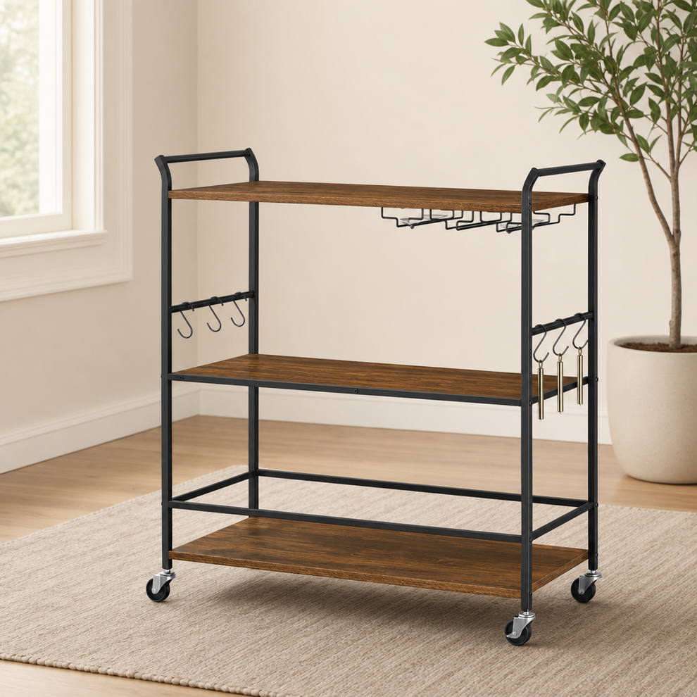 Rustic brown-shelved 3-tier bar cart with matte black frame, angled front view on a rug in a light room
