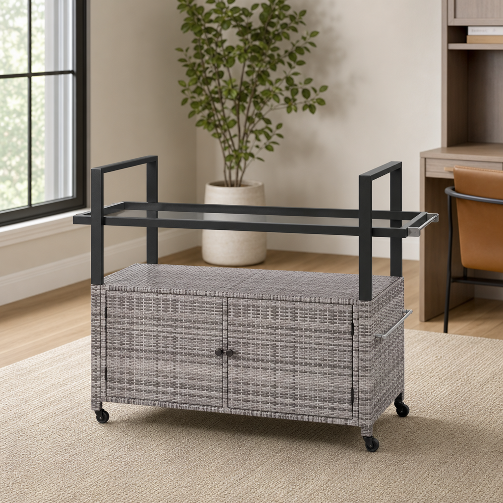 51" PE Rattan Bar Cart with 37" Tempered Glass Top and Storage Cabinet, Rolling centered in a warm neutral furnished room