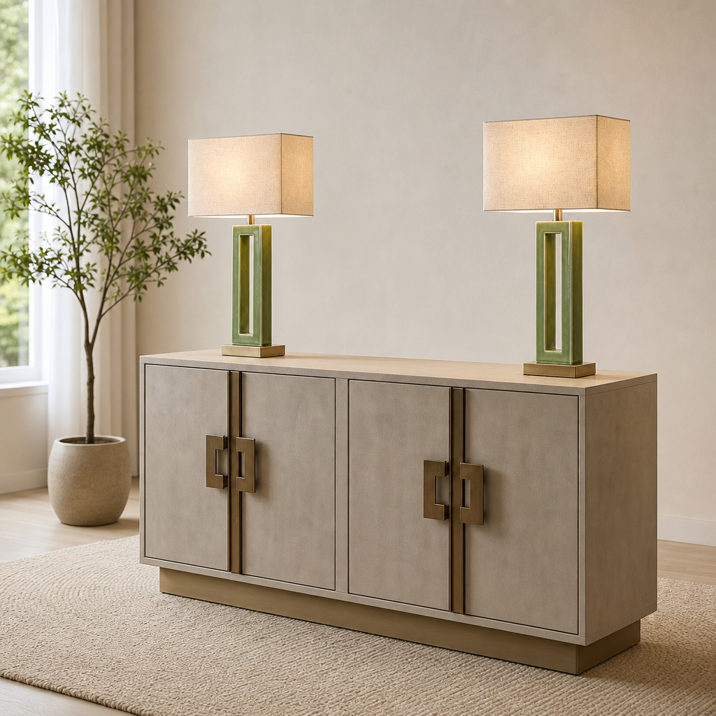 Pair of green ceramic hollow-rectangular table lamps with beige rectangular linen shades on a light wood console, front view