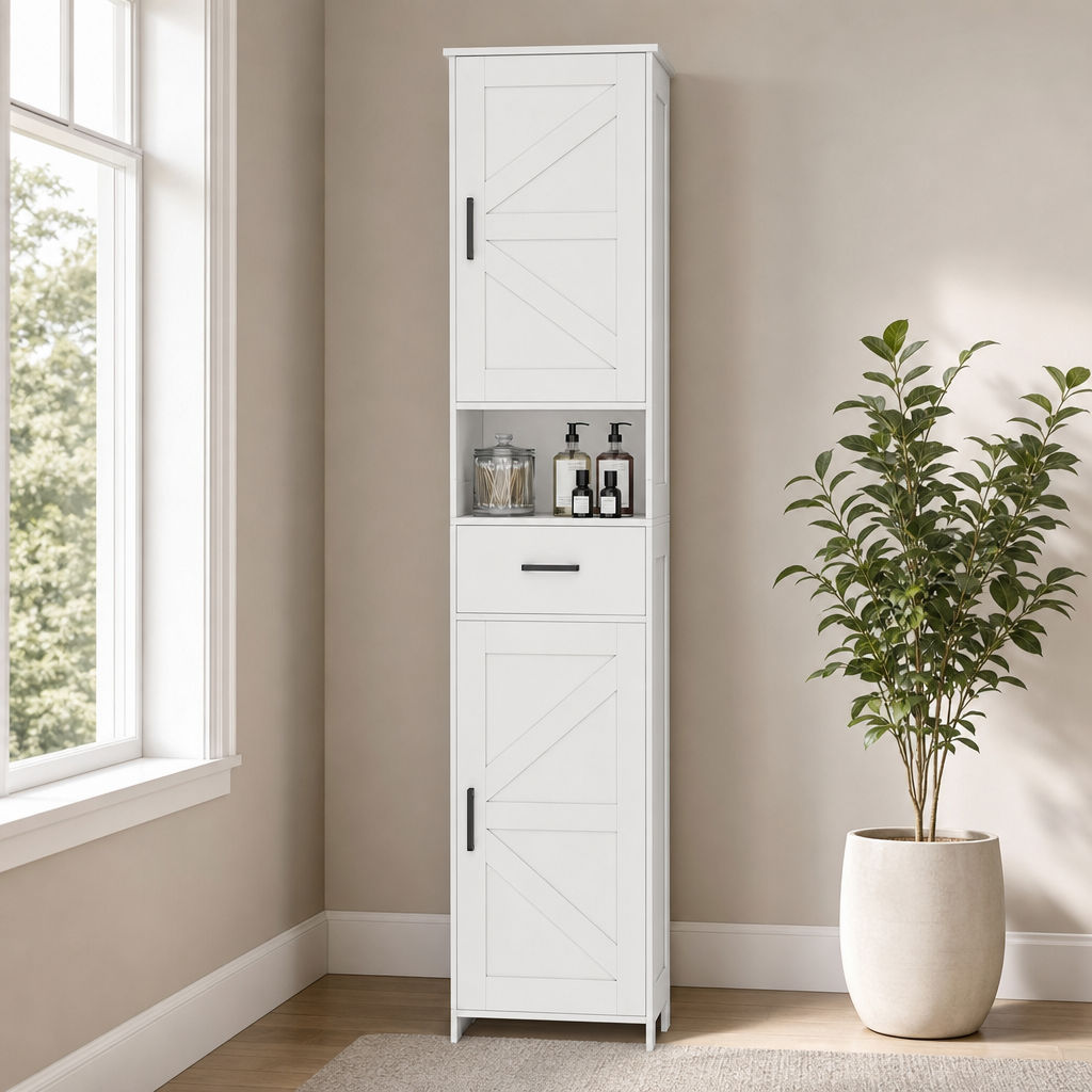 Tall Bathroom Storage Cabinet with Drawer, 15.7"W x 66.9"H, MDF/Particleboard centered in a warm neutral furnished room