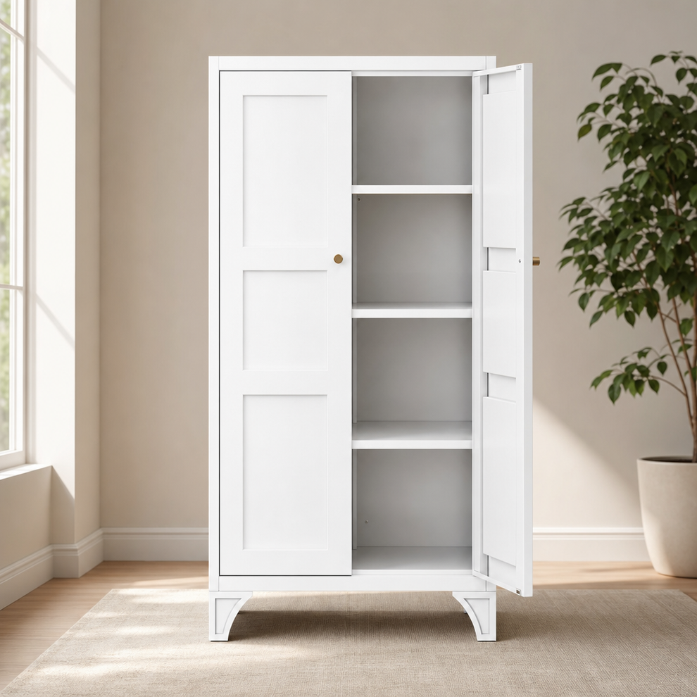 Metal Storage Cabinet — Two Doors, 3 Adjustable Shelves, Powder-Coated Steel centered in a warm neutral furnished room
