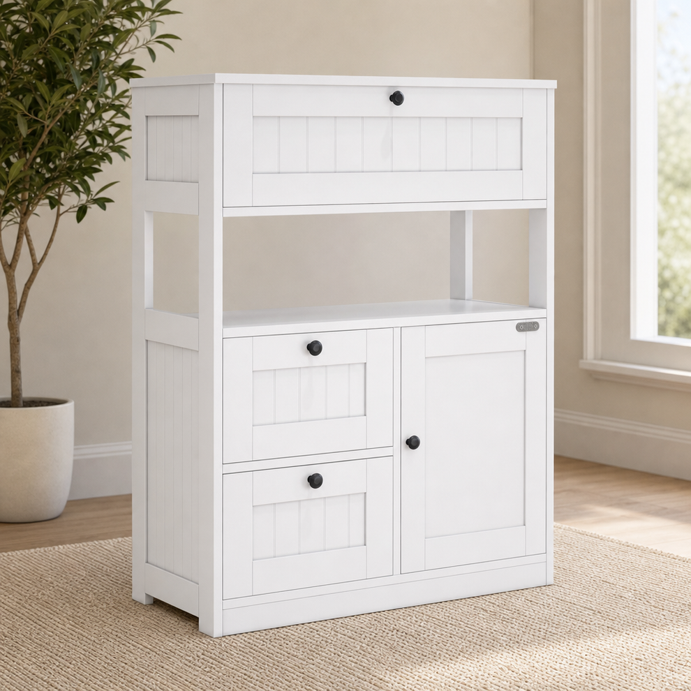 Storage Cabinet with Beadboard Texture, One Door, Open Compartment and 3 Drawers centered in a warm neutral furnished room