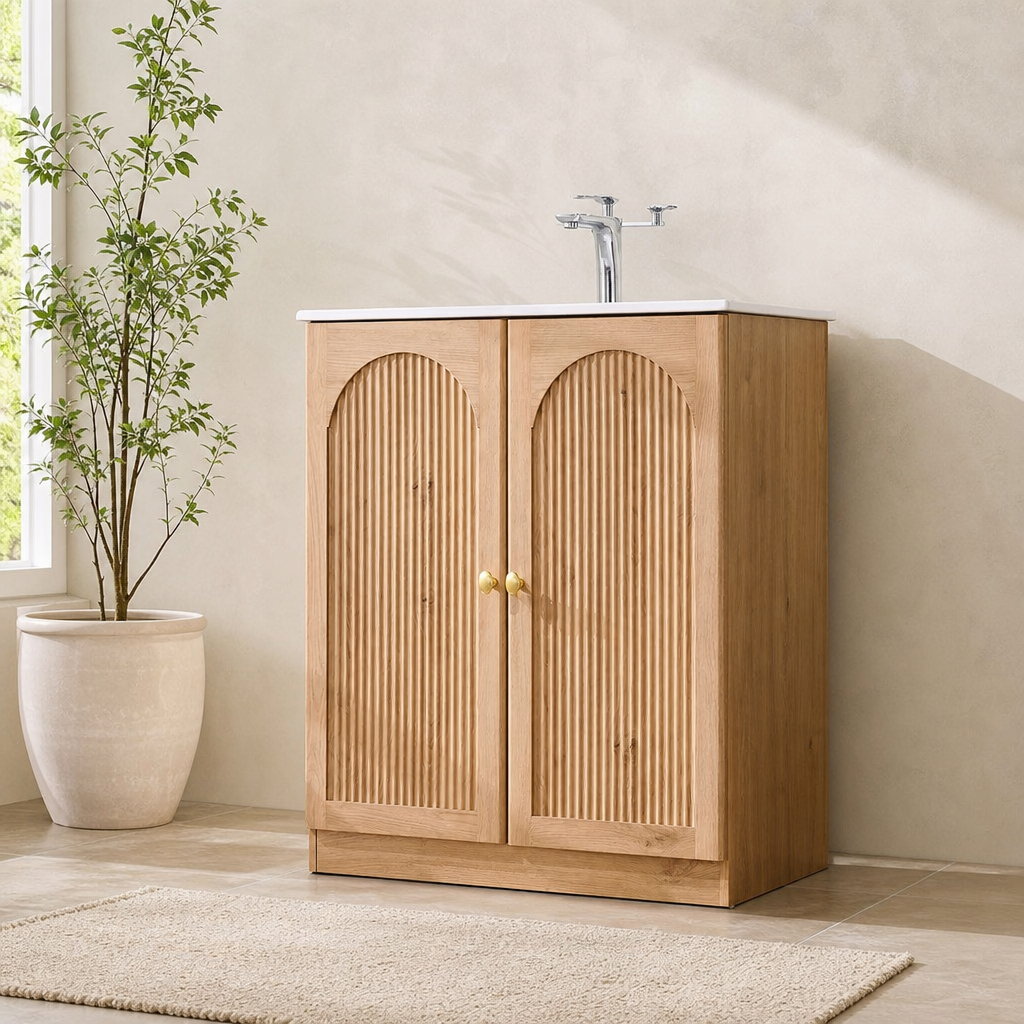 30-Inch Freestanding Arched Fluted Bathroom Vanity with Integrated Ceramic Sink centered in a warm neutral furnished room