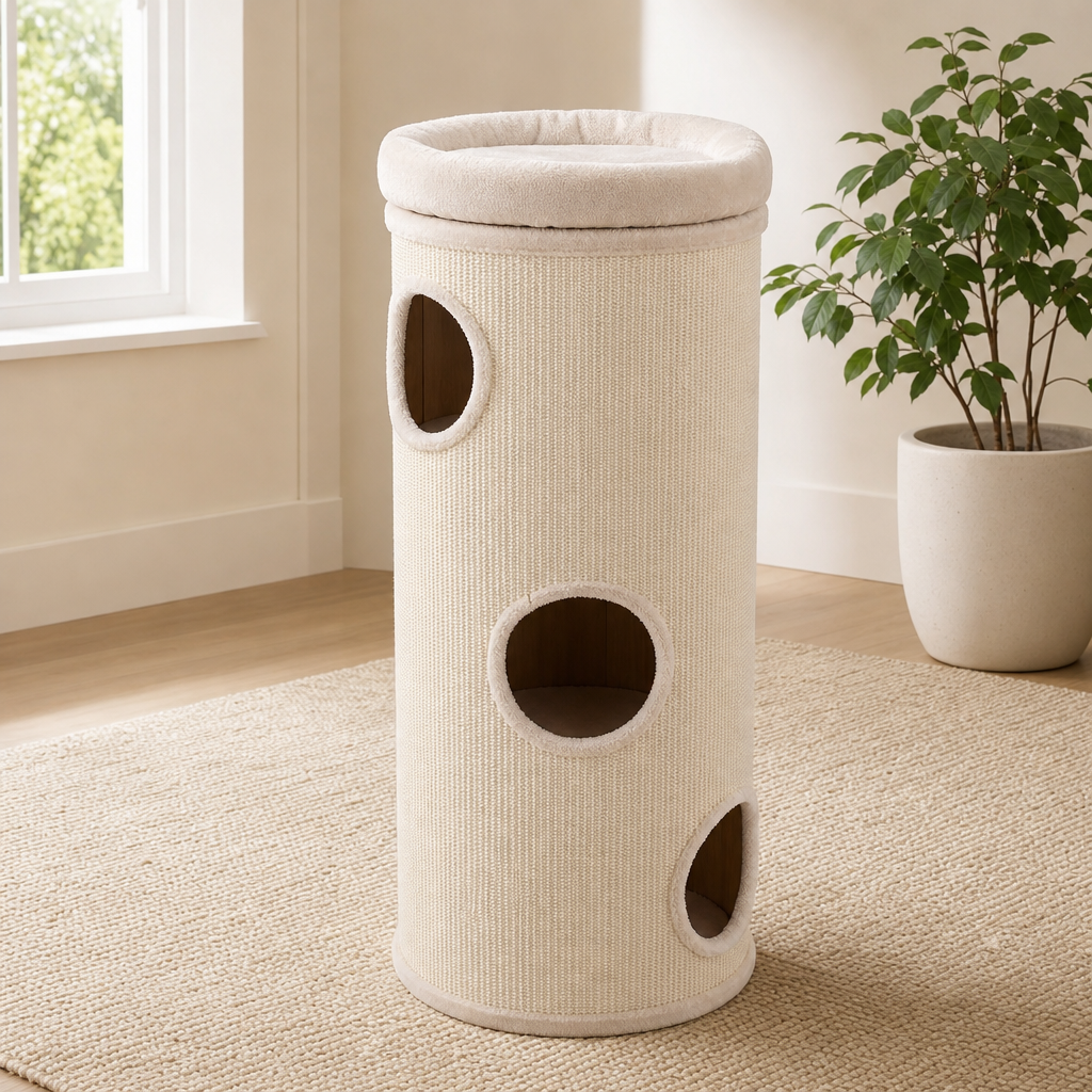 4-Tier Barrel Cat Tower — Bamboo Interior, Sisal Scratching Mat, 3 Hideaways, Beig centered in a warm neutral furnished room