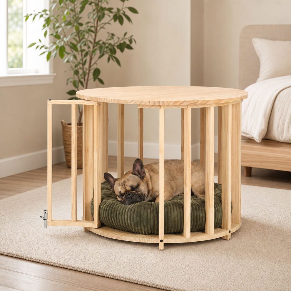 Round Pine Pet Crate Coffee Table with Donut-Style Bed, 25.6" D x 20.5" H centered in a warm neutral furnished room