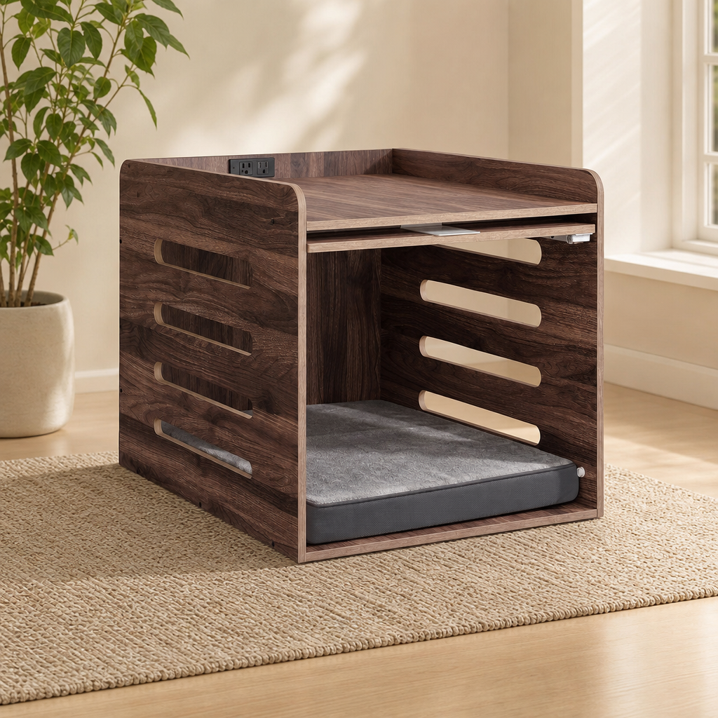 Dog Crate Side Table with Flip-Up Door & 4-in-1 Charging Hub, Natural Walnut centered in a warm neutral furnished room