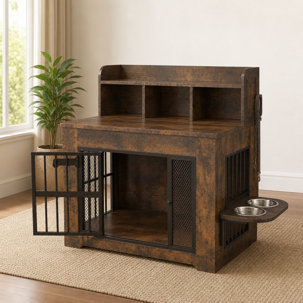 Wood & Steel Dog Crate Console with Storage Shelf & 2 Stainless Bowls, Walnut centered in a warm neutral furnished room