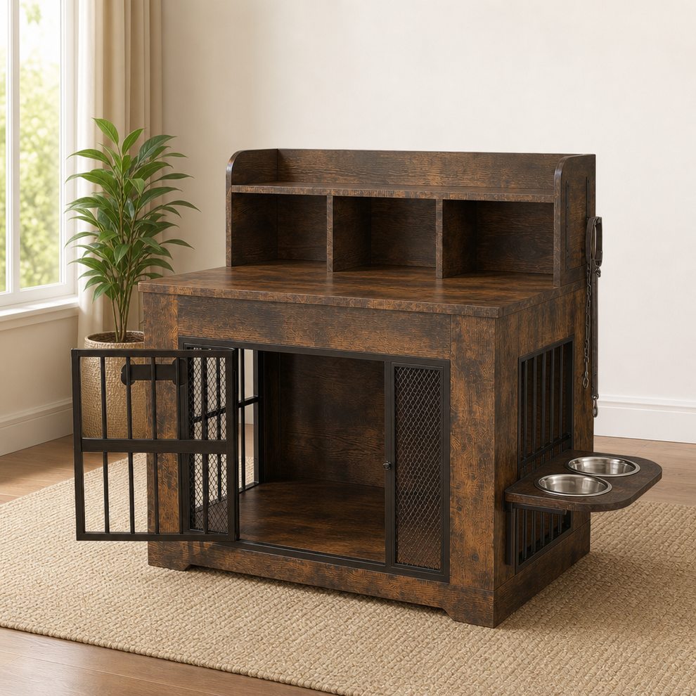 Wood & Steel Dog Crate Console with Storage Shelf & 2 Stainless Bowls, Walnut centered in a warm neutral furnished room