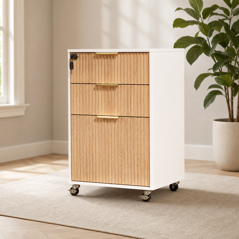 3-Drawer Mobile File Cabinet, Wood Panels, Locking Drawers, Casters — Oak or White centered in a warm neutral furnished room