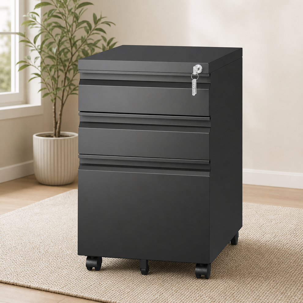 3-Drawer Mobile File Cabinet — 0.8mm Steel Under-Desk, Lockable with Casters centered in a warm neutral furnished room