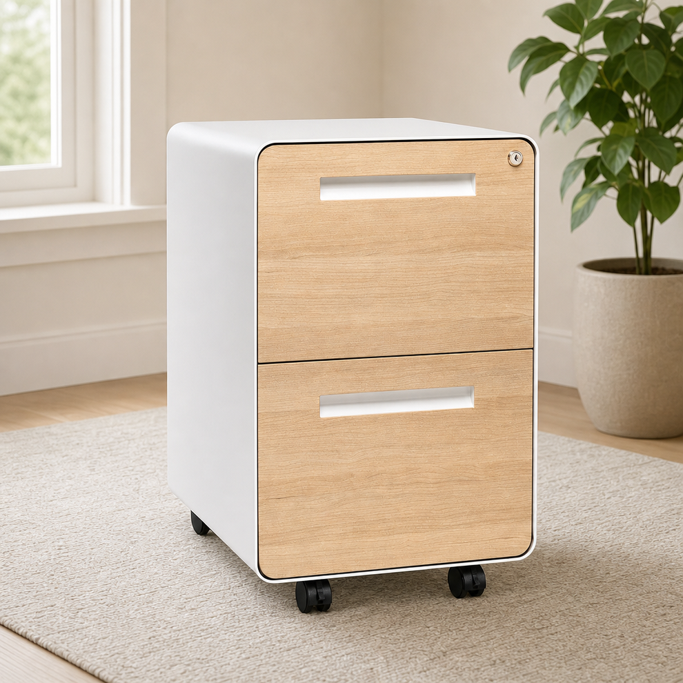2-Drawer Mobile File Cabinet — Steel Locking Drawers, Fits Letter & Legal centered in a warm neutral furnished room