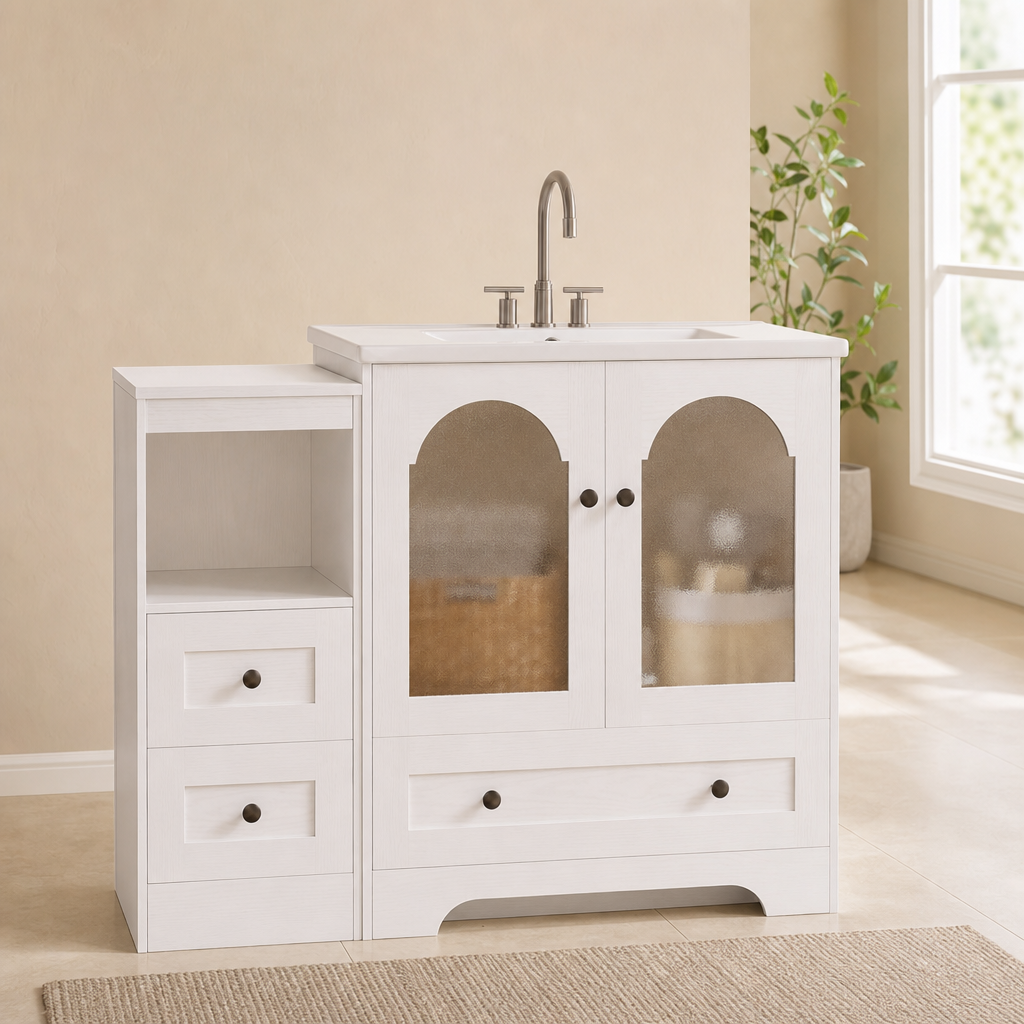 42.5-inch Ceramic Sink Bathroom Vanity with 3 Drawers, Reversible Layout, White centered in a warm neutral furnished room