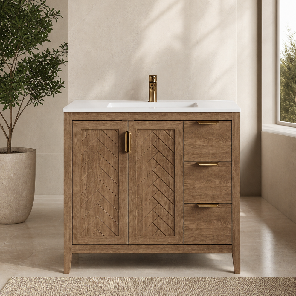 36-Inch Bathroom Vanity with Integral Composite Sink — Brown, 2 Doors & 3 Drawers centered in a warm neutral furnished room