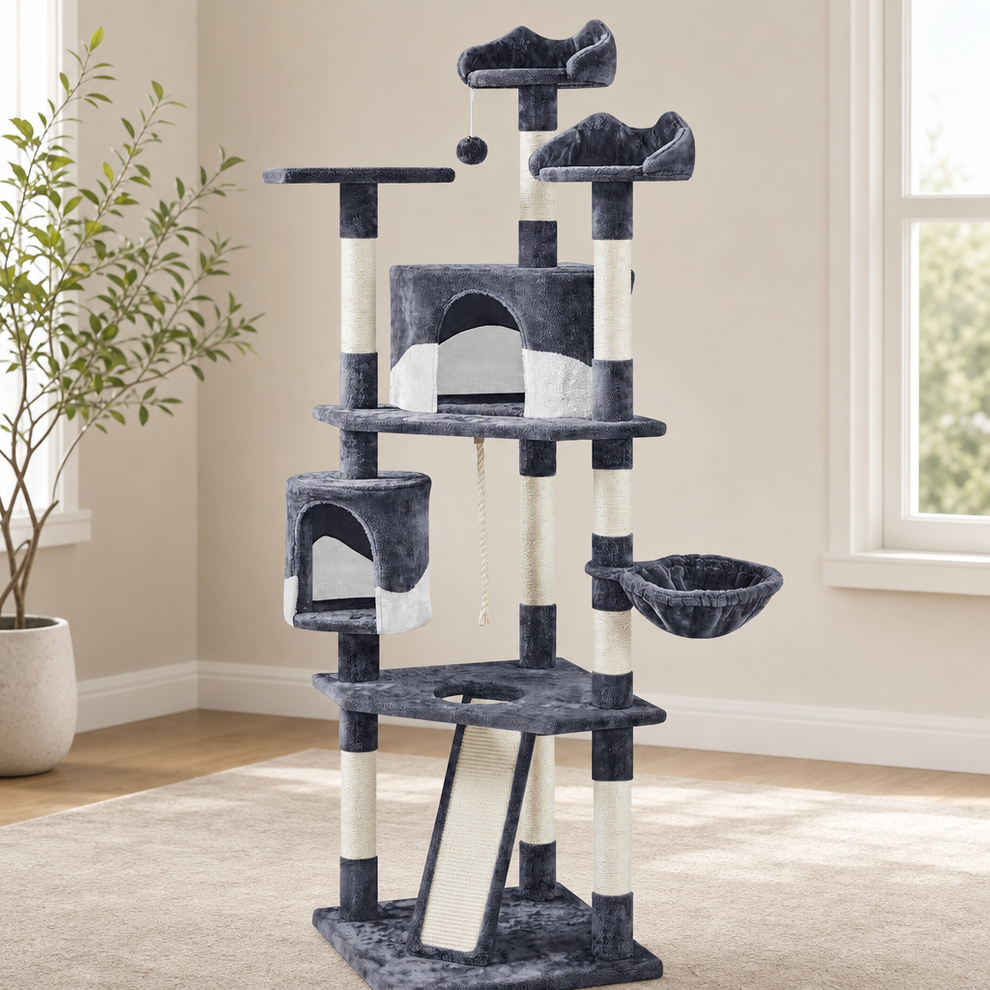79-Inch 5-Level Cat Tree for 3–4 Cats with 9 Sisal Posts and 2 Condos centered in a warm neutral furnished room
