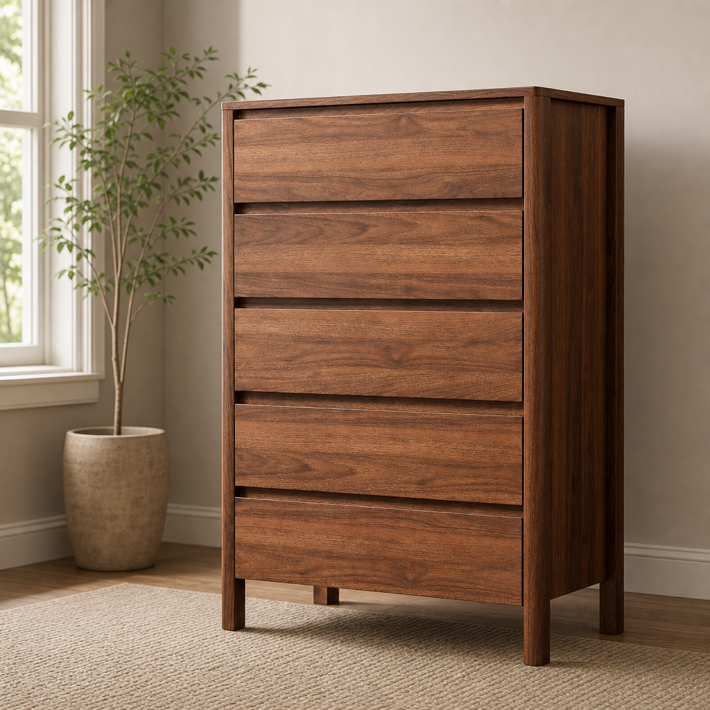 Tall 5-Drawer Dresser — Walnut, 31.3" W x 15.7" D x 45.6" H centered in a warm neutral furnished room