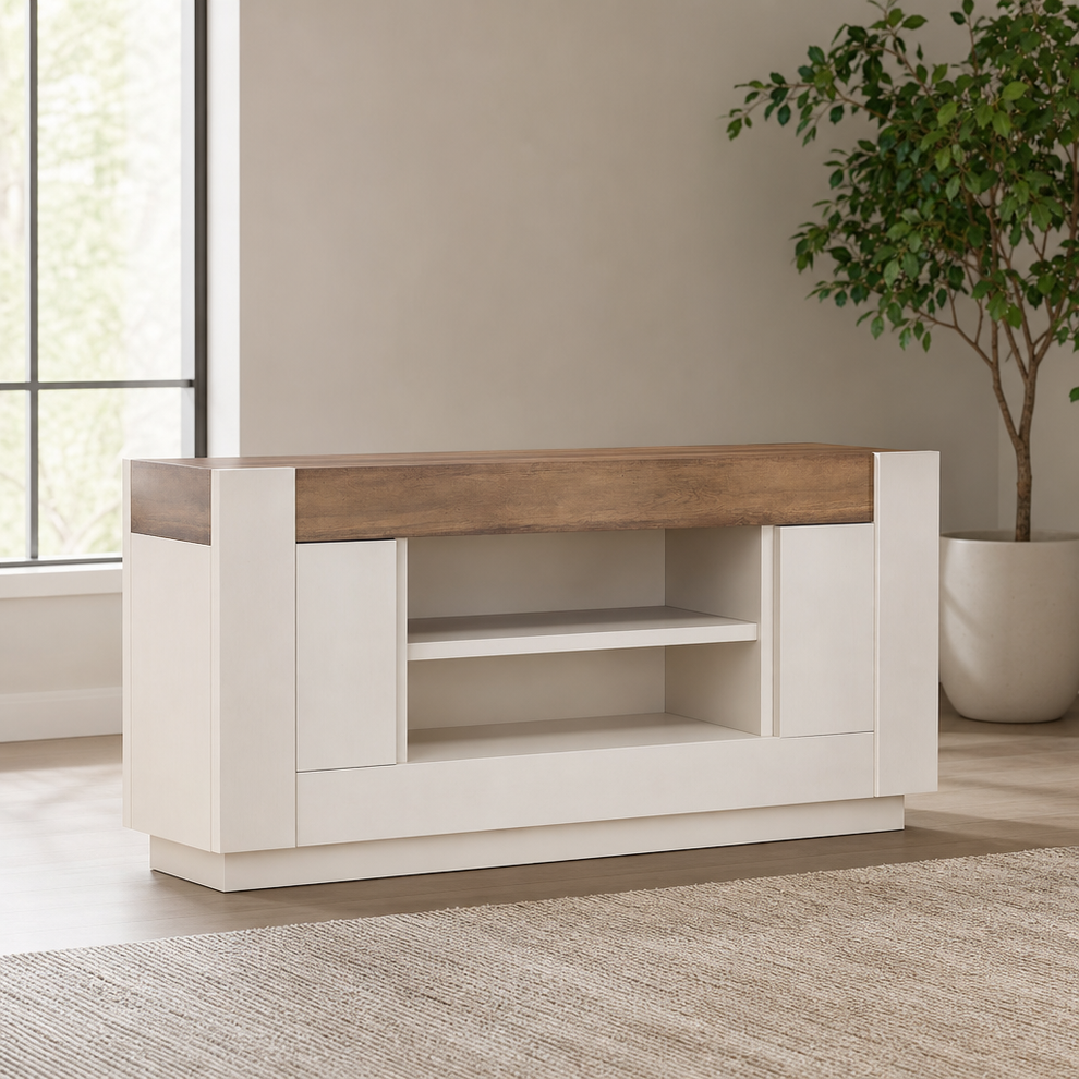 TV Stand with Rustic Wood Top, 70" Tabletop, Open Shelf & Side Cabinets centered in a warm neutral furnished room