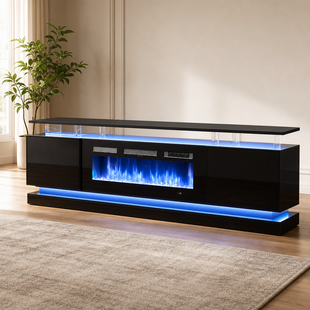 Electric Fireplace TV Stand 70" — 36" Fireplace, High-Gloss Console, Enclosed Stor centered in a warm neutral furnished room