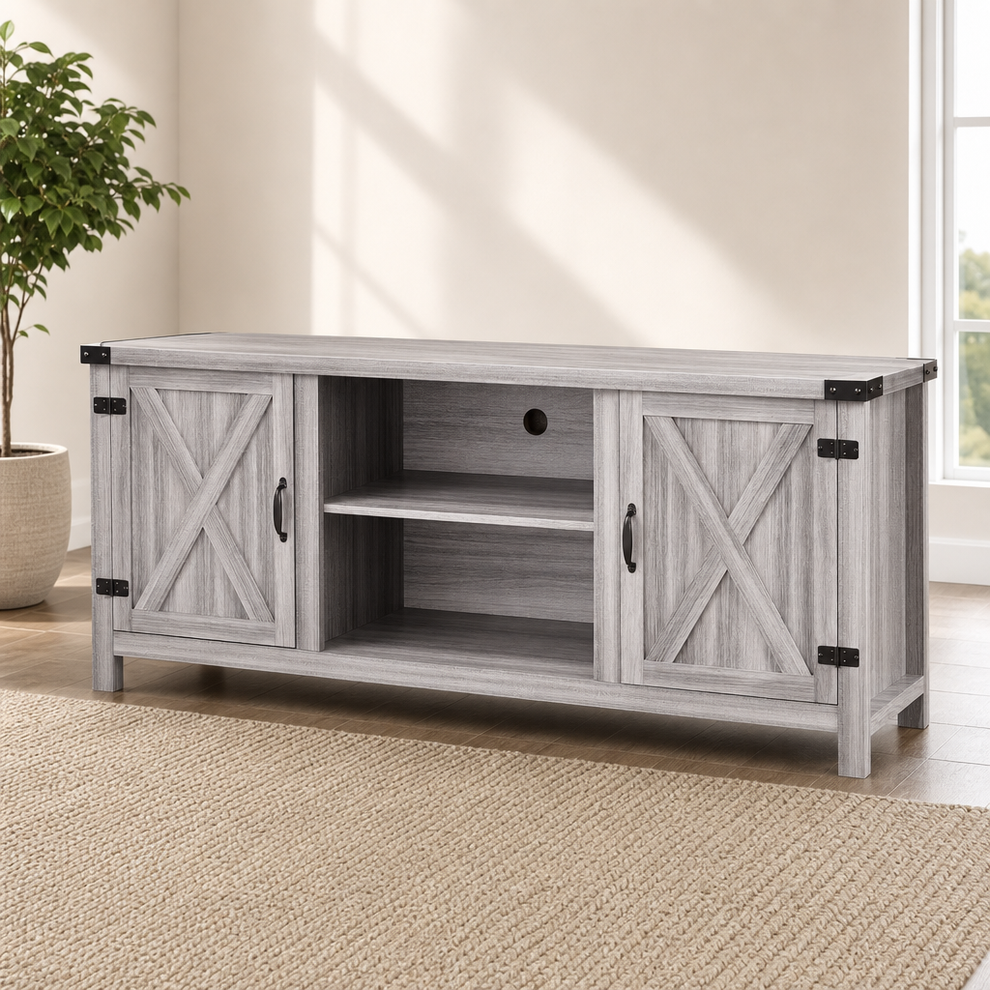 58-inch Barn Door TV Stand, Wood & Metal, Gray Wash centered in a warm neutral furnished room