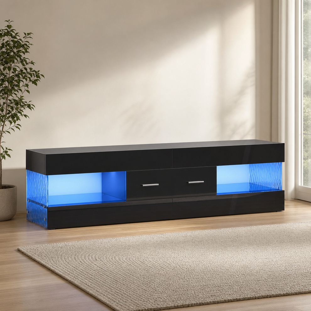 TV Stand — High-Gloss Engineered Wood with Integrated LED Lighting and Drawer Stor centered in a warm neutral furnished room