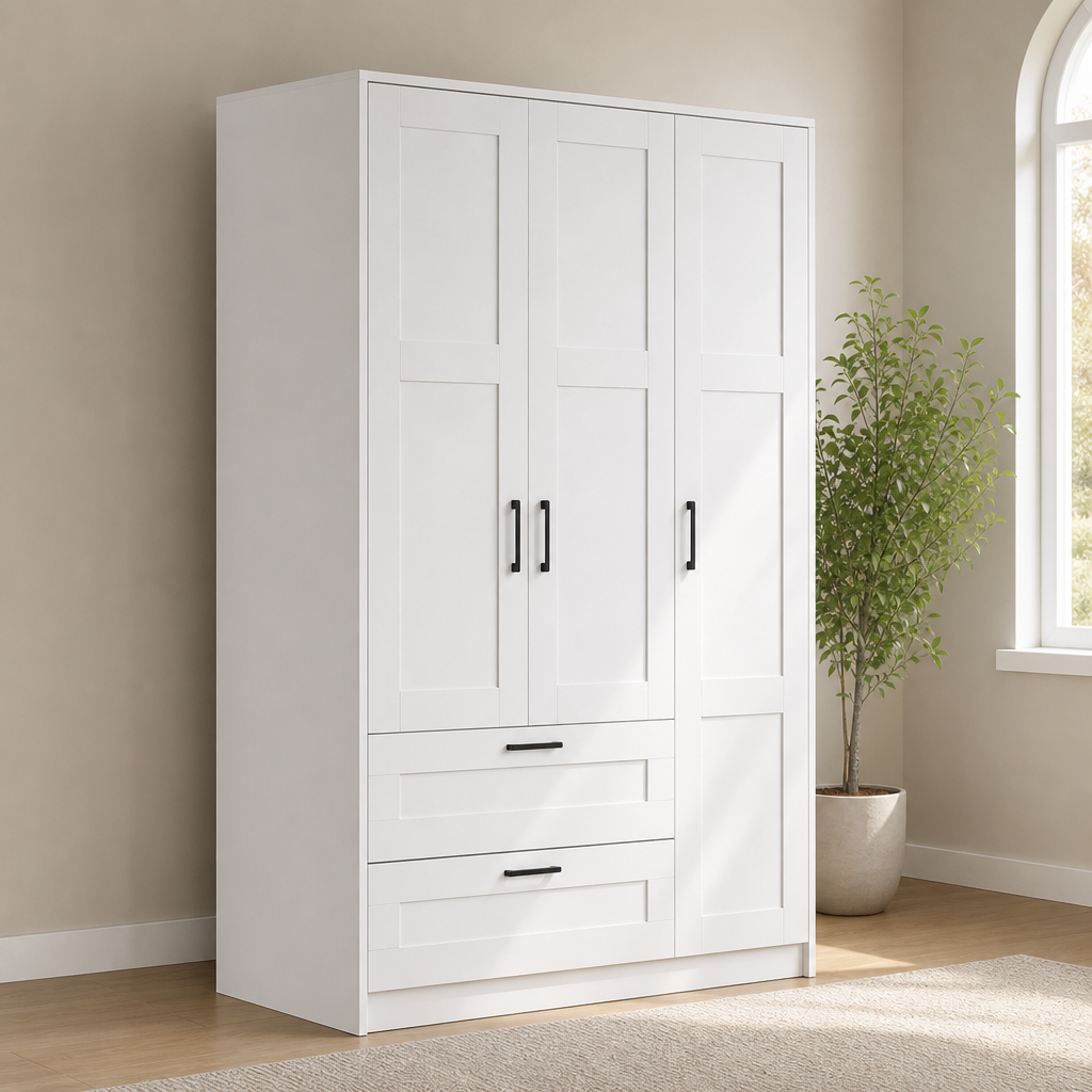 Freestanding Wardrobe Closet 3-Door with 2 Drawers, White centered in a warm neutral furnished room