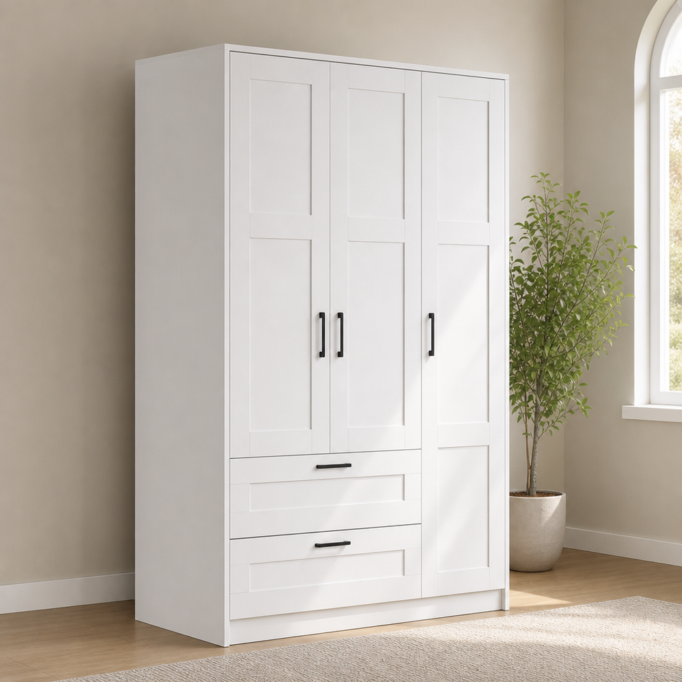 Freestanding Wardrobe Closet 3-Door with 2 Drawers, White centered in a warm neutral furnished room