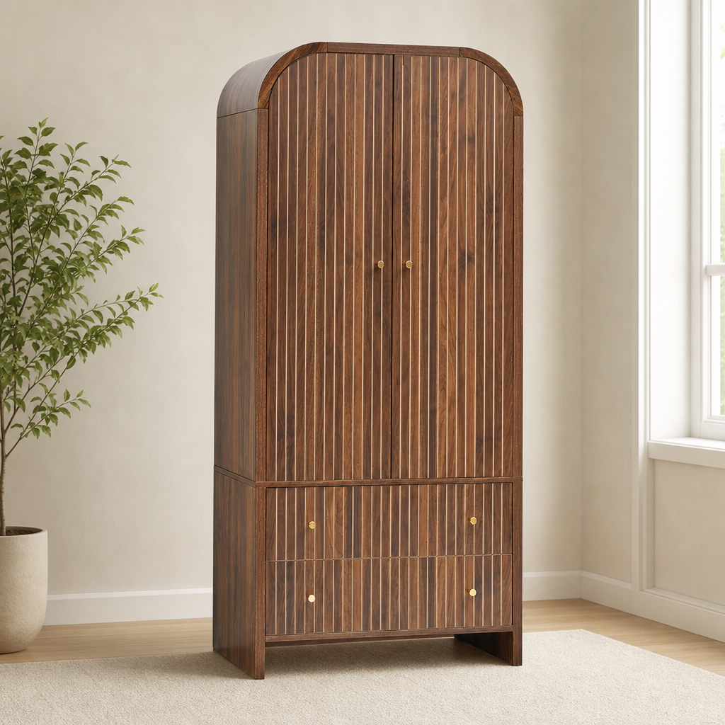 Armoire with Arched Top, Fluted Doors & 2 Drawers, MDF centered in a warm neutral furnished room