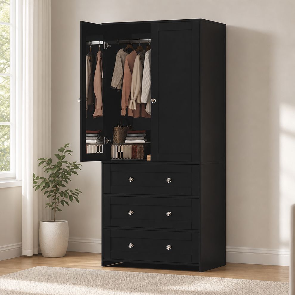 Armoire Wardrobe, 71" Tall Cabinet with Full-Length Mirror, 2 Doors & 3 Drawers centered in a warm neutral furnished room