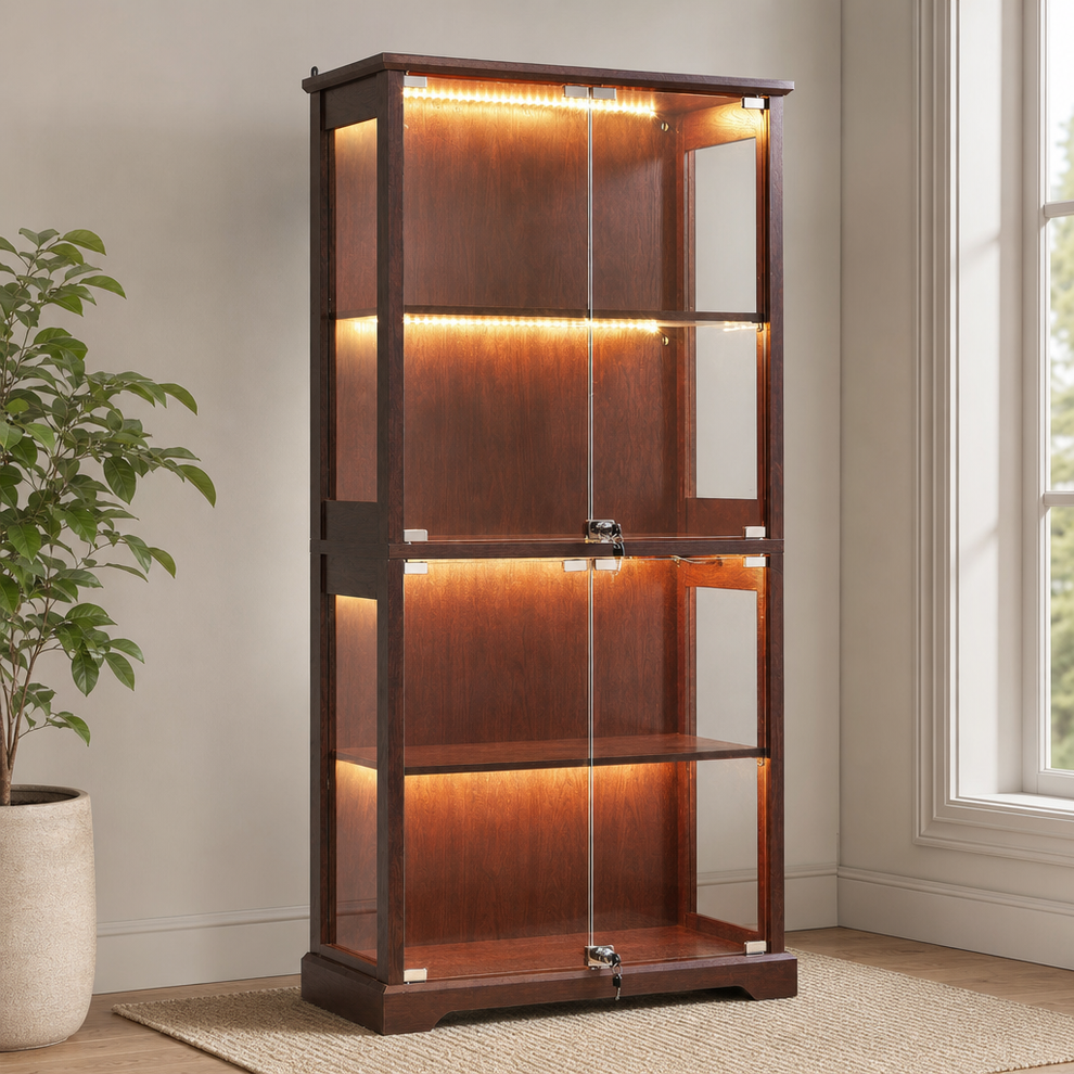 Farmhouse 4-Door Glass Display Cabinet with Motion-Sensor LEDs & Lock centered in a warm neutral furnished room