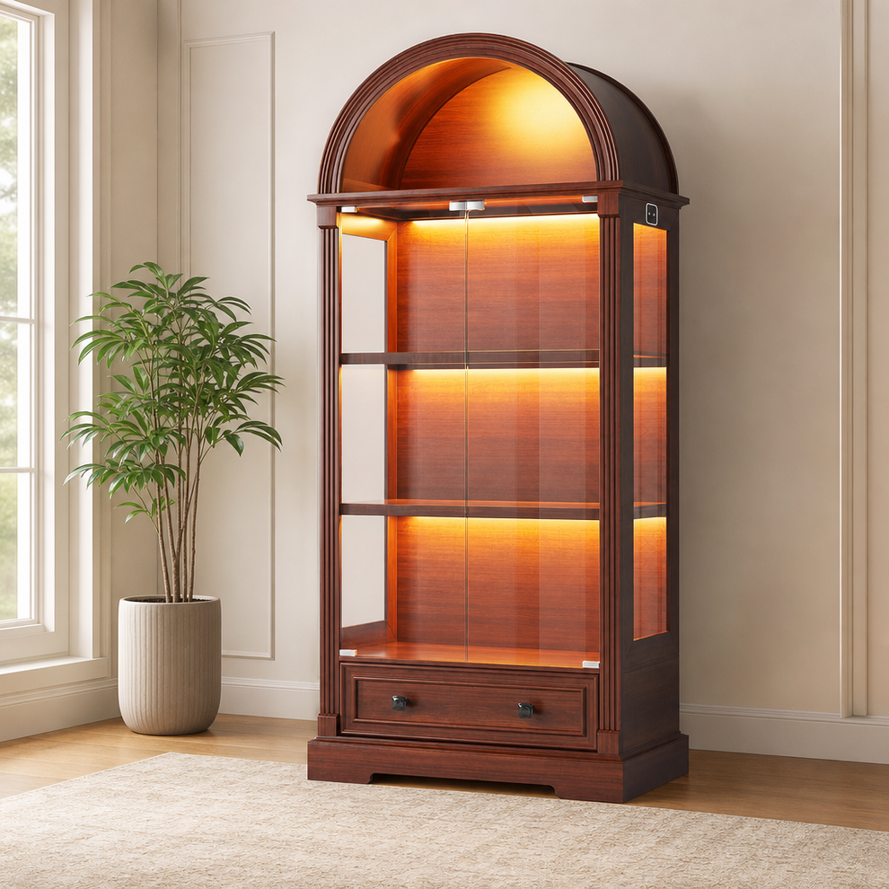 Arched Curio Cabinet with Pop-Up Tempered Glass Doors, Motion-Sensor LED and Drawe centered in a warm neutral furnished room