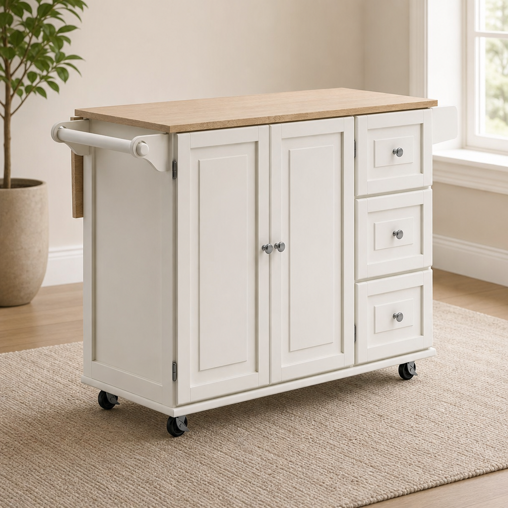 Mobile Kitchen Island Cart with Solid Hardwood Top & Drop Leaf, Off-White centered in a warm neutral furnished room