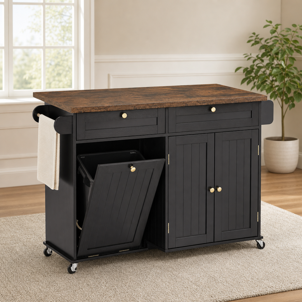 Black kitchen island cart with rustic brown countertop, towel rack and open tilt-out trash compartment angled front view