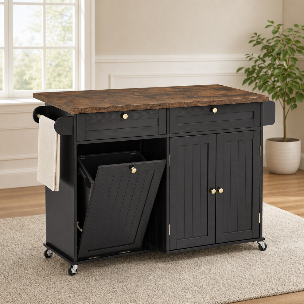 Black kitchen island cart with rustic brown countertop, towel rack and open tilt-out trash compartment angled front view