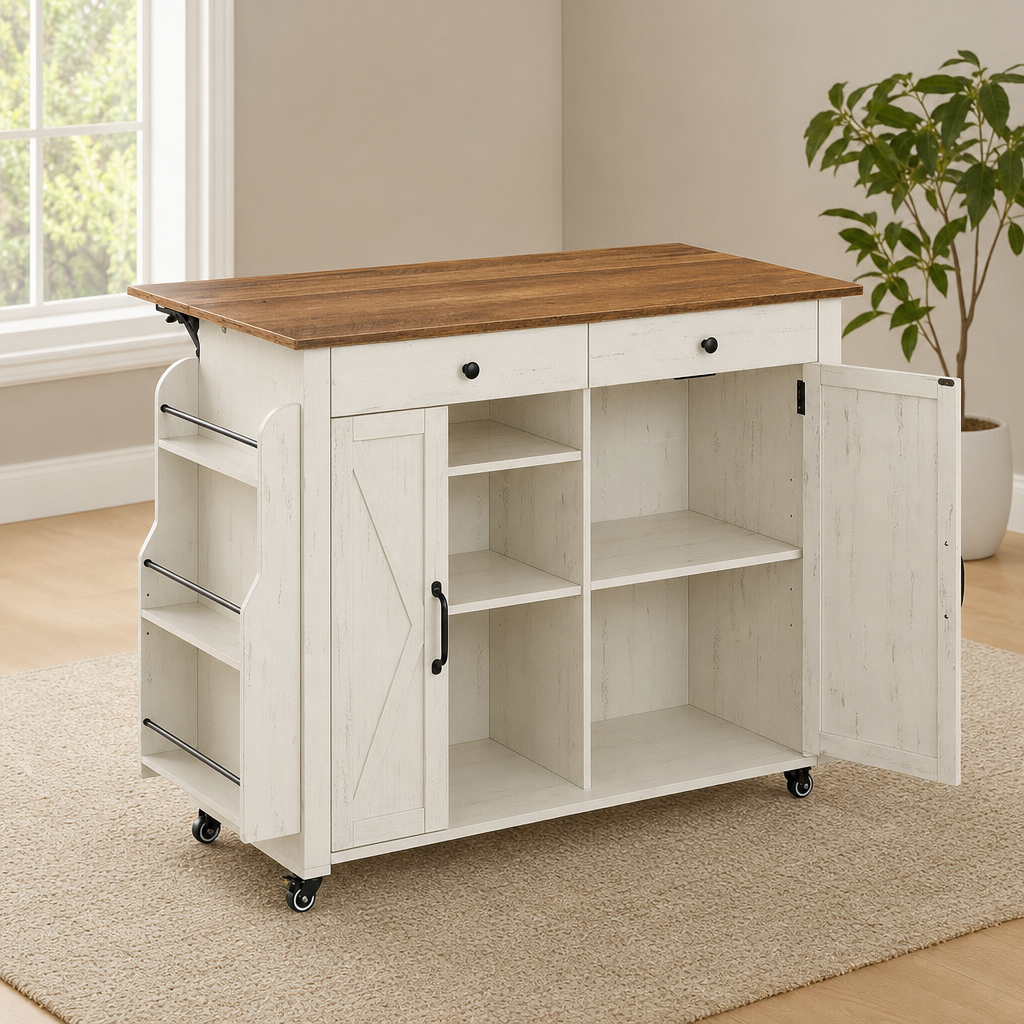 Kitchen Island Cart with Drop-Leaf Top, Cabinet Storage & Spice Rack centered in a warm neutral furnished room