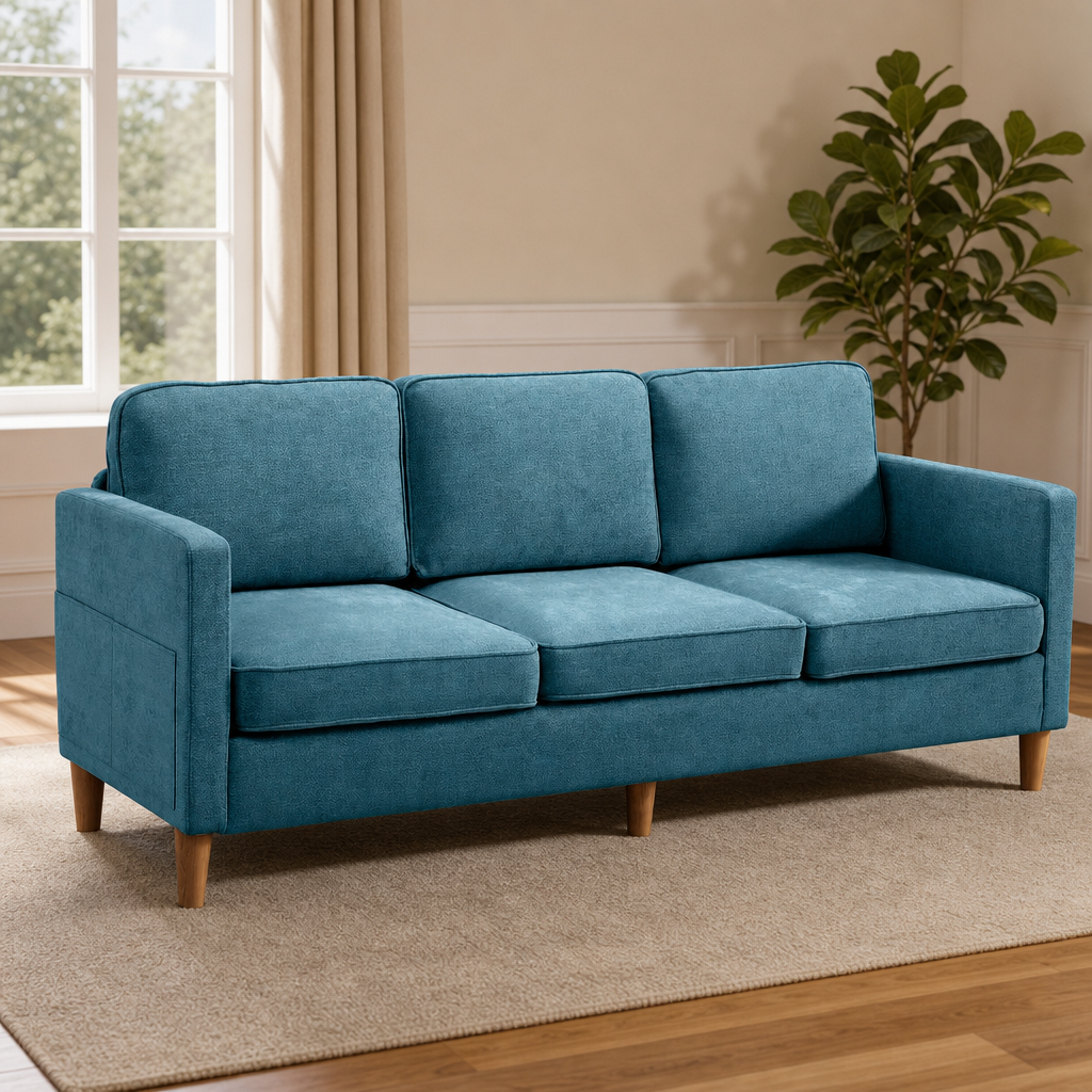80-inch Chenille 3-Seater Sofa with Side Storage Pocket and FSC Wood Legs centered in a warm neutral furnished room