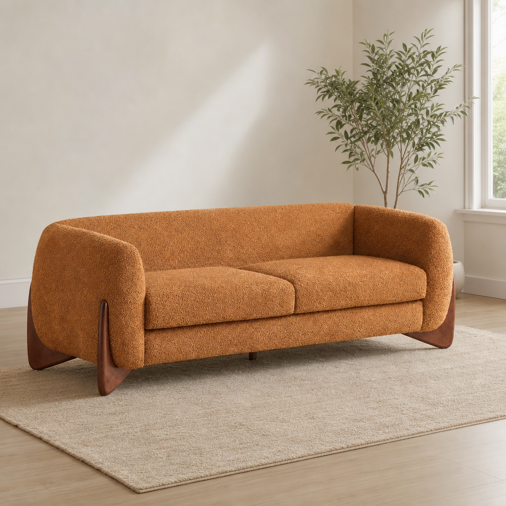 Christopher Knight 3-Seat Faux Sherpa Sofa with Tapered Birch Legs, Caramel centered in a warm neutral furnished room