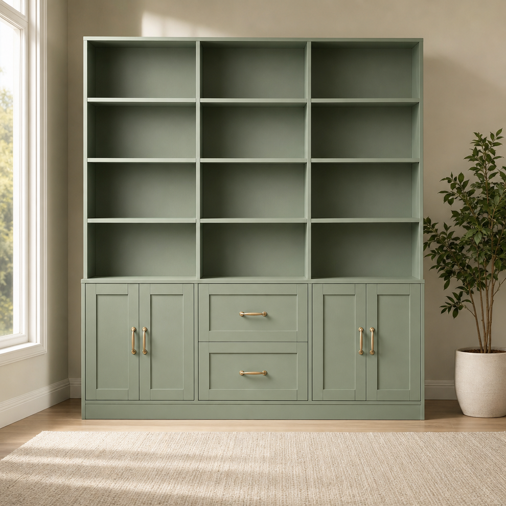 Bookshelf 71in 6-Tier Triple-Wide Engineered Wood with Drawers & Cabinets centered in a warm neutral furnished room