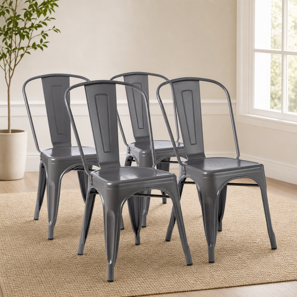 Metal Dining Chairs Set of 4, Stackable Indoor/Outdoor, 330 lb Capacity, Dark Gray centered in a warm neutral furnished room