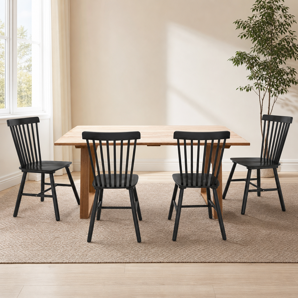 Dining Chair Set, Solid Hardwood Windsor Spindle Back — Multiple Set Sizes centered in a warm neutral furnished room