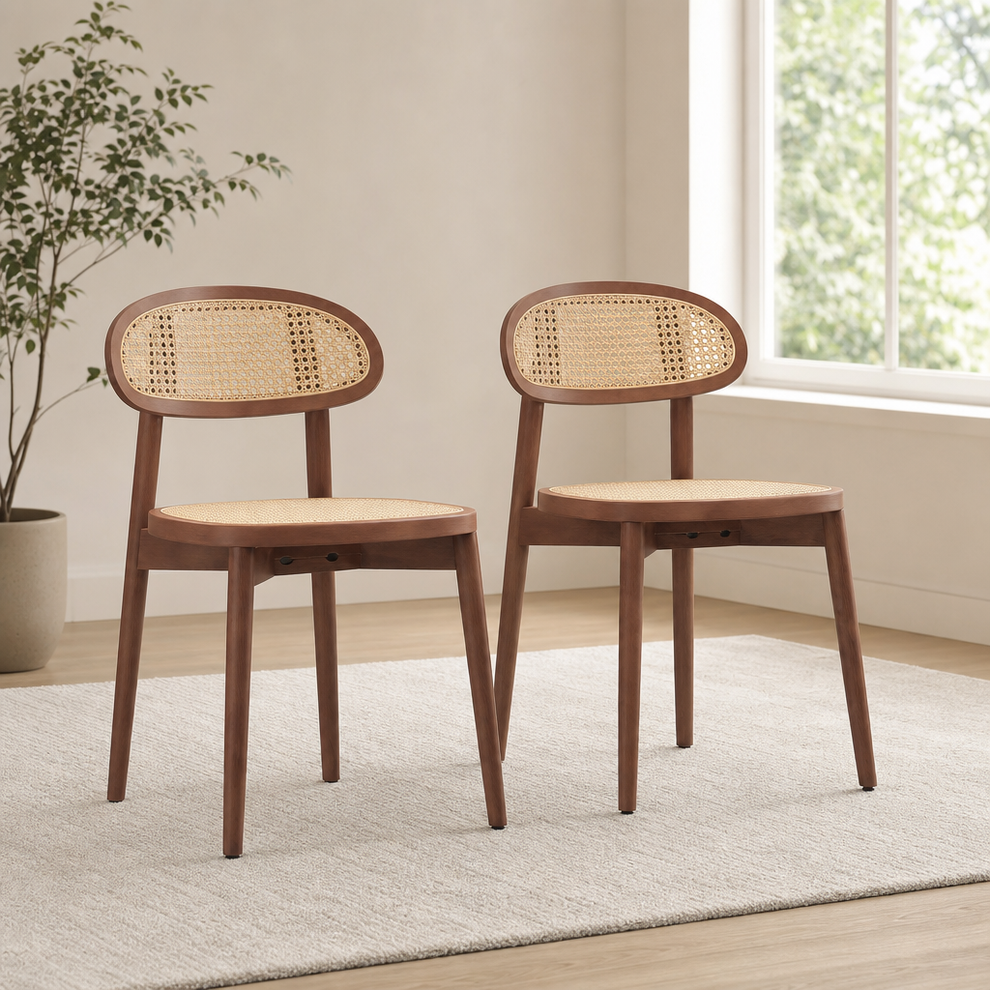 Armless Rattan Dining Chairs — Mid-Century Set of 2, 4 or 6, Walnut or Natural Woo centered in a warm neutral furnished room