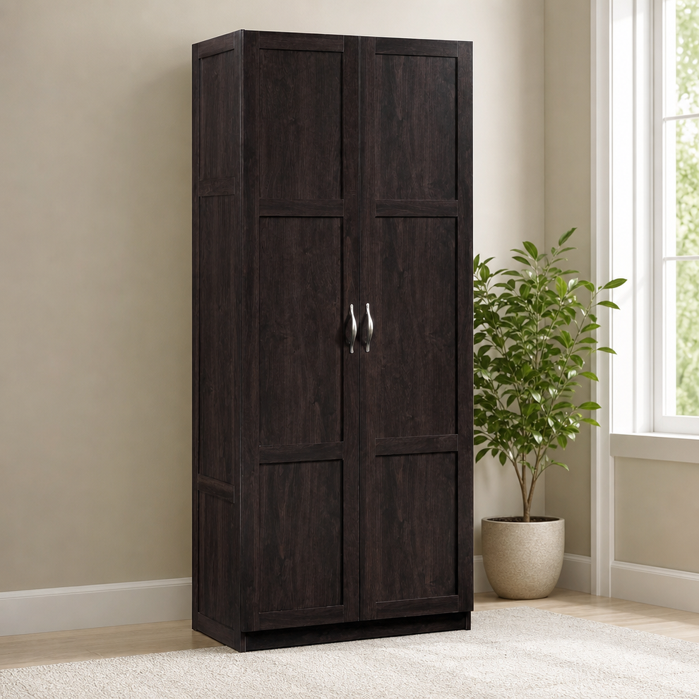 Select Tall Two-Door Storage Cabinet with Adjustable Shelves centered in a warm neutral furnished room