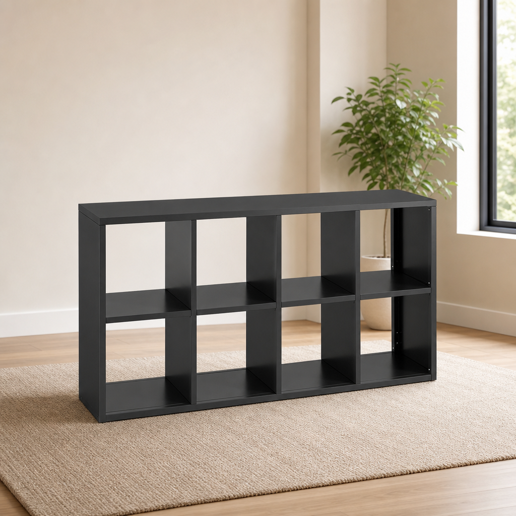 Short Metal Office Bookshelf, Heavy-Duty Open Shelving for Under-Desk and Printer  centered in a warm neutral furnished room