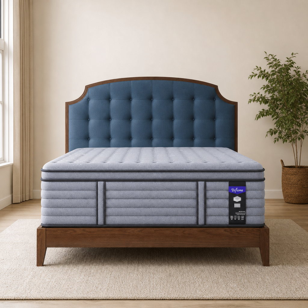18-Inch Hybrid Mattress — Medium-Firm Cooling Gel Memory Foam & Pocketed Coils centered in a warm neutral furnished room