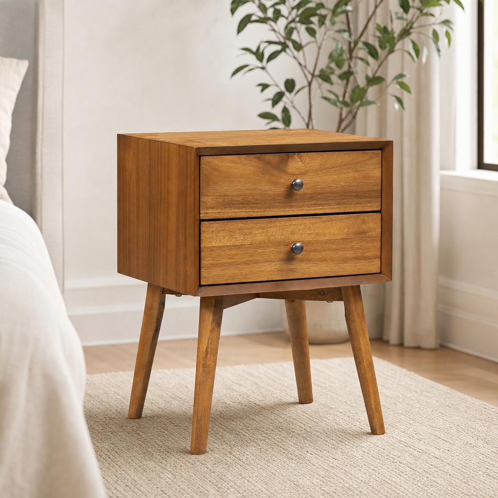 Dorsey Nightstand — Mid-Century 2-Drawer Nightstand, Acacia Veneer & Rubberwood Le centered in a warm neutral furnished room
