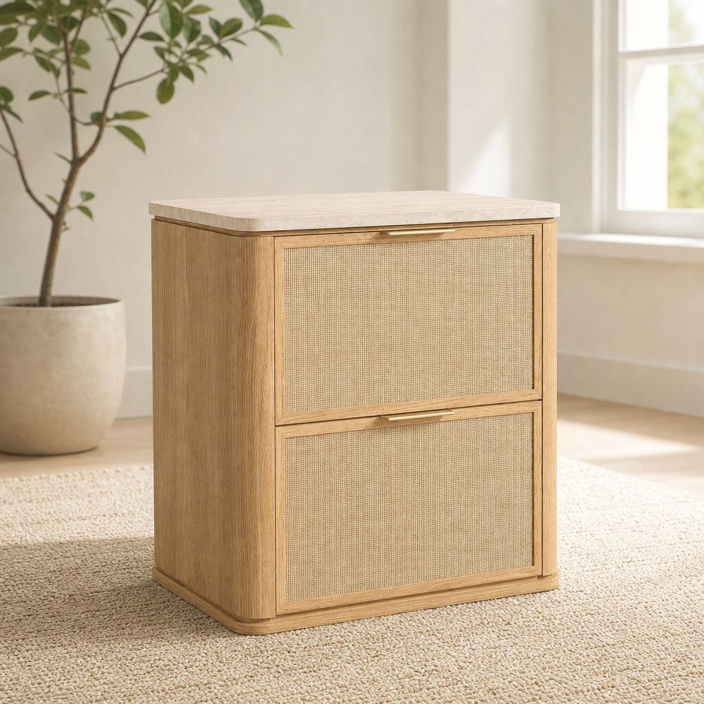 Rattan-Look Nightstand with Faux Travertine Top and Hand‑Woven Drawer Fronts centered in a warm neutral furnished room