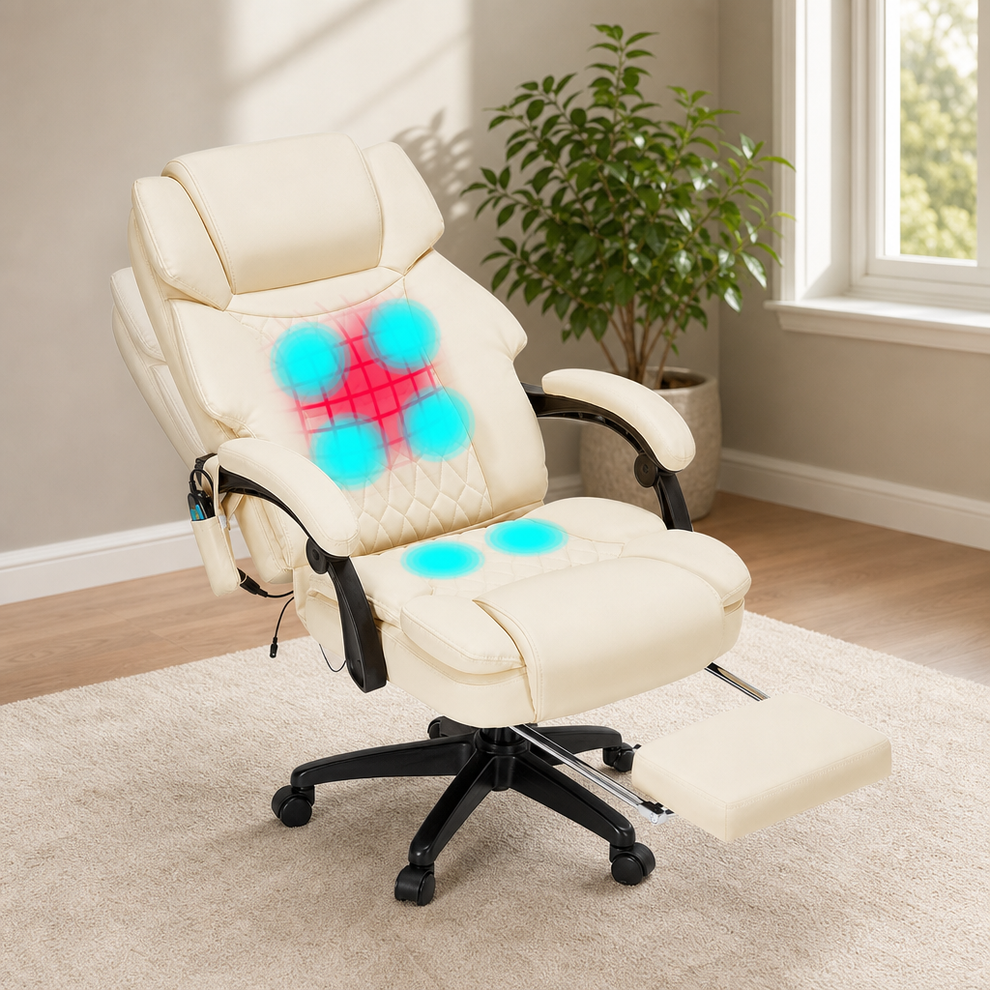 Massage Office Chair — Reclining with Heat, 6-Point Vibration & Retractable Footre centered in a warm neutral furnished room