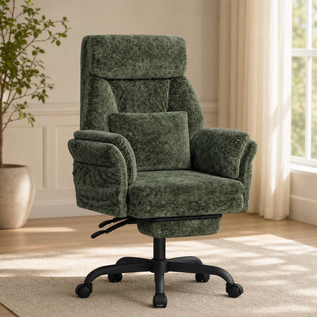 C57 Ergonomic Reclining Office Chair — Velour High-Back with Retractable Footrest centered in a warm neutral furnished room