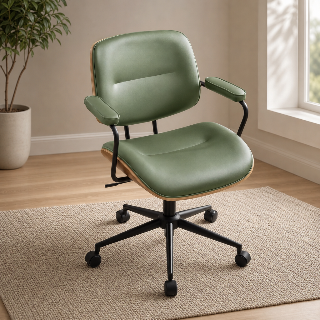 Mid-Century Office Chair, Solid Wood Back & Contoured Seat, Adjustable Height and  centered in a warm neutral furnished room