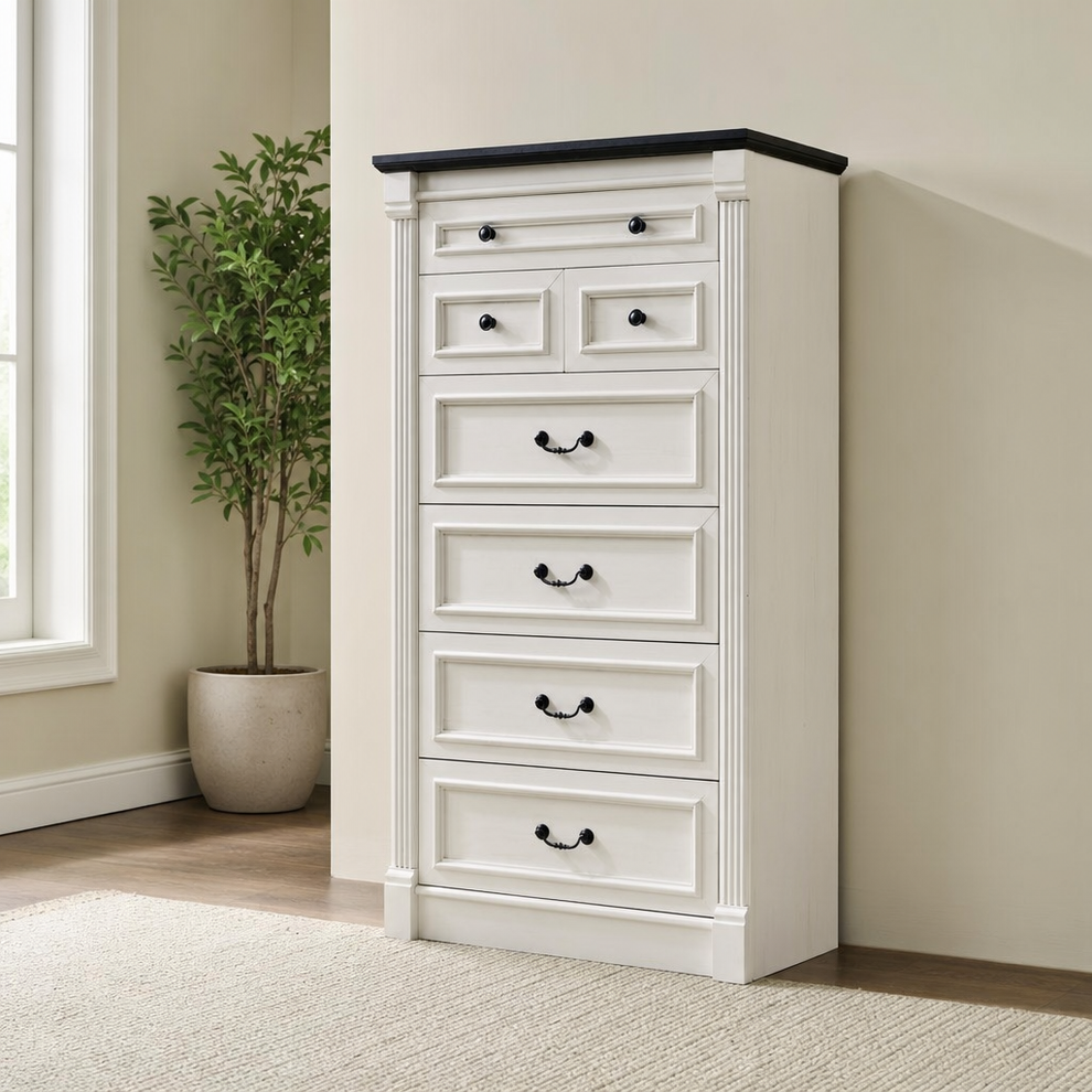 Farmhouse 7-Drawer Dresser with Roman Column Legs and Metal Handles centered in a warm neutral furnished room