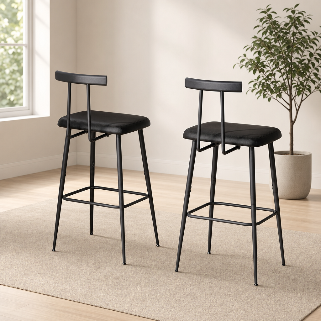 Set of 2 Counter-Height Stools with PU Leather Seat & Metal Frame, 37.9" H centered in a warm neutral furnished room