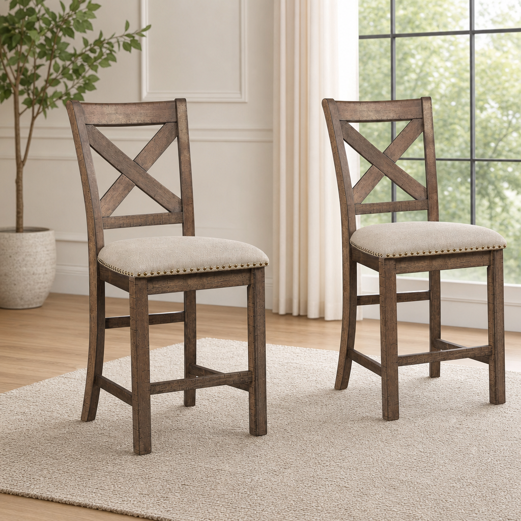 Counter Height Bar Stool Set of 2 — Beige Upholstered, Distressed Nutmeg Wood centered in a warm neutral furnished room